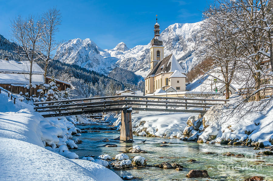 Winter Landscape In The Bavarian Alps With Church Ramsau Germa