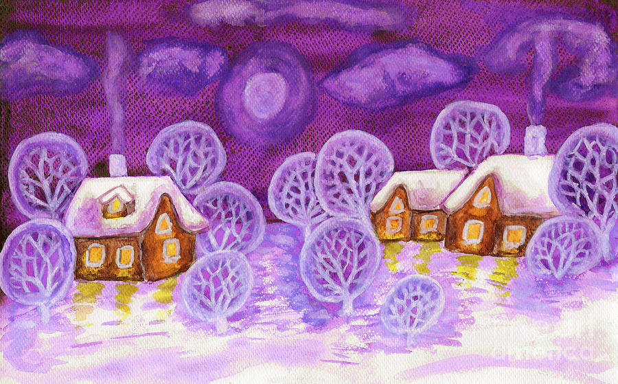 Winter landscape in violet colours, painting #1 Painting by Irina Afonskaya