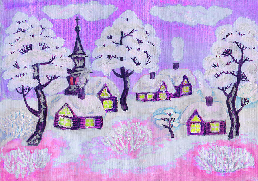 Winter landscape on pink, painting #1 Painting by Irina Afonskaya