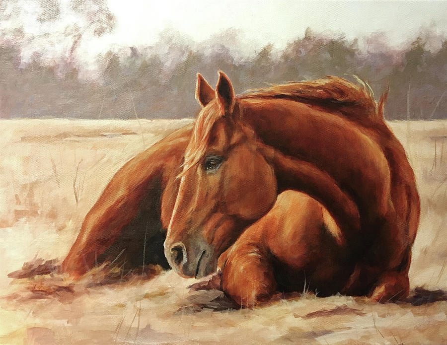Horse Painting - Winter Sunbath by Joan Frimberger