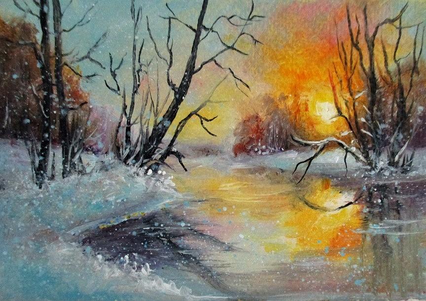 Sunset Painting - Winter sunset aceo painting #1 by Natalja Picugina