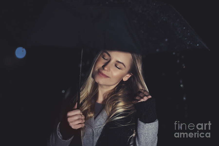 Woman enjoying rainy night #1 Photograph by Anna Om