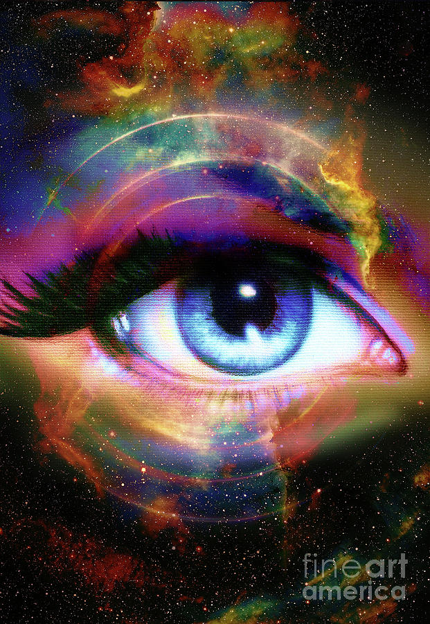 Woman Eye and cosmic space with stars. abstract color background, eye ...