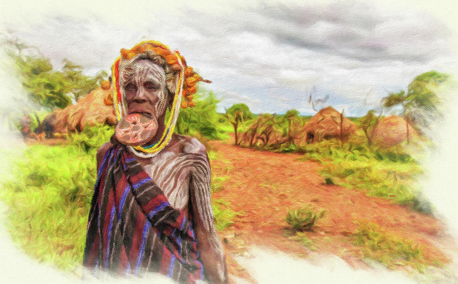 Woman from the african tribe Mursi, Omo Valley, Ethiopia #1 Painting by Miroslav Liska