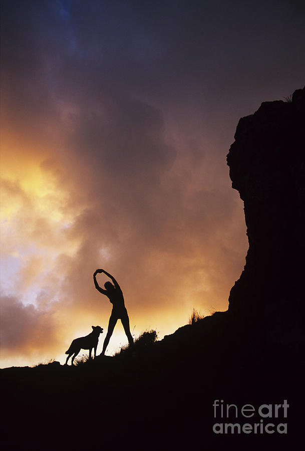 Sunset Photograph - Woman stretching on a mountain #1 by Dana Edmunds - Printscapes