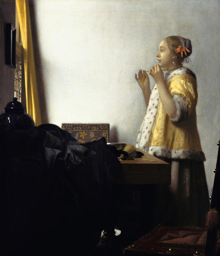 Woman With A Pearl Necklace #1 Painting by Johannes Vermeer
