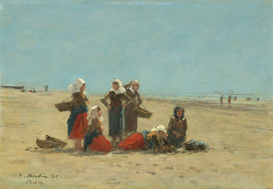 Women On The Beach At Berck Painting by Eugene Boudin