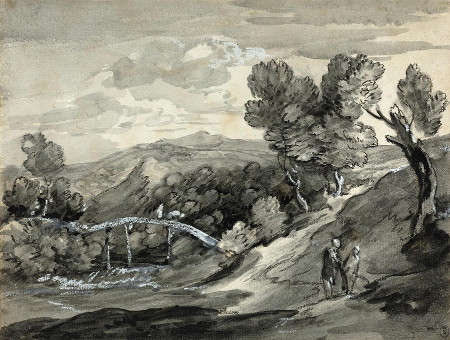 Wooded Upland Landscape with a Bridge #1 Drawing by Thomas Gainsborough