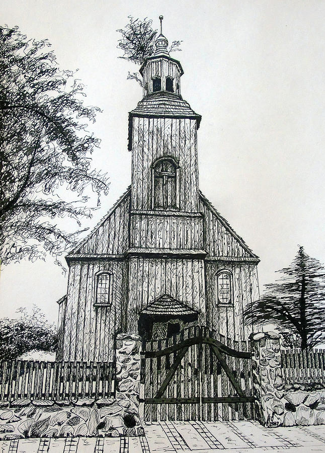 Architecture Drawing - Wooden Church 2 by Maria Woithofer