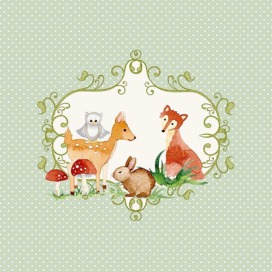 Woodland Fairytale - Animals Deer Owl Fox Bunny N Mushrooms Painting by Audrey Jeanne Roberts