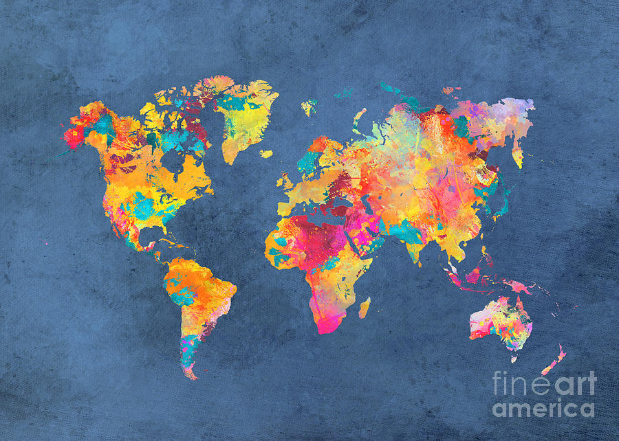 World Map Blue Art Digital Art by Justyna Jaszke JBJart