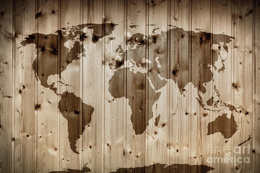 World map on wooden wall. Vintage #1 Photograph by Michal Bednarek