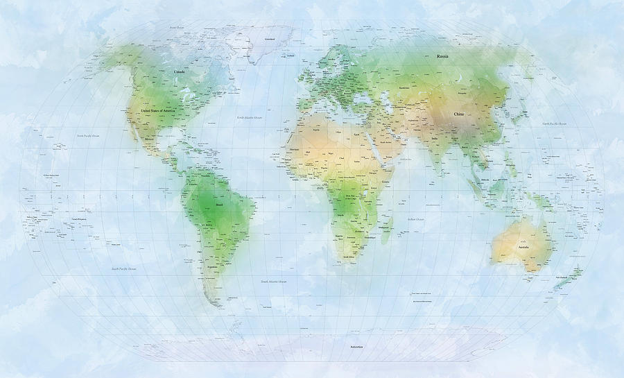 Map Digital Art - World Map Watercolor #1 by Michael Tompsett