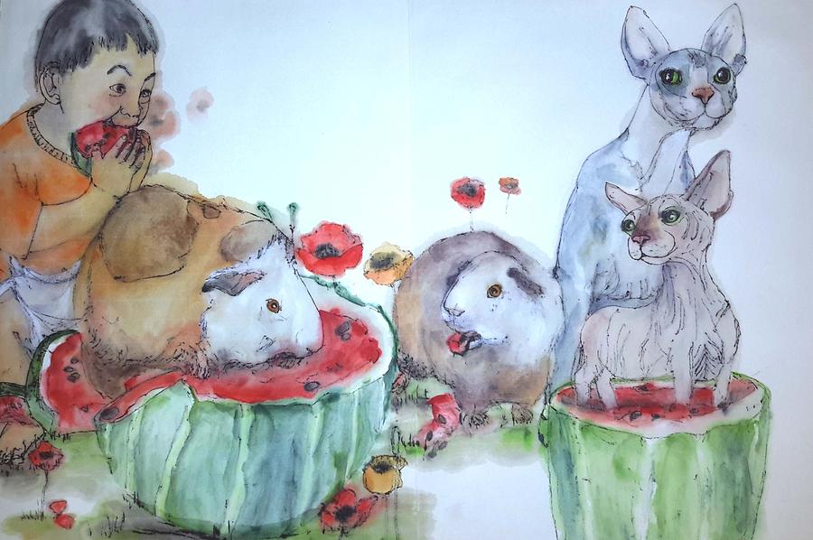 World Of Guinea Pigs And Naked Cats Album #1 Painting by Debbi Saccomanno Chan