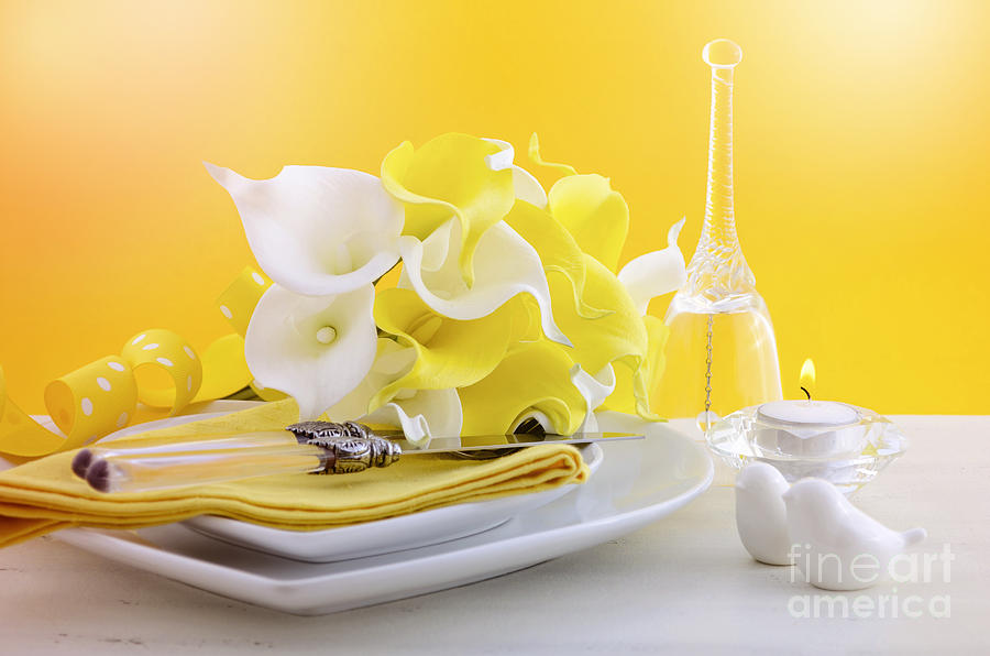 Yellow and white theme wedding table place setting.  #1 Photograph by Milleflore Images
