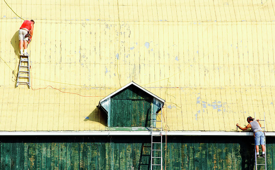 Yellow Barn Roof Workers-6 #1 Photograph by Steve Somerville
