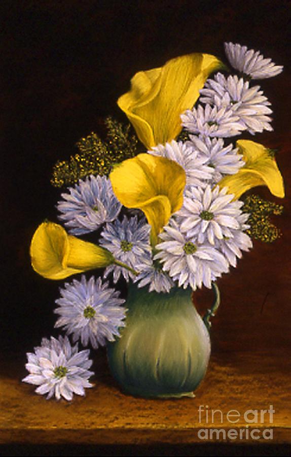 Still Life Painting - Yellow Calla Lilies in a Green Pitcher by Mary Erbert