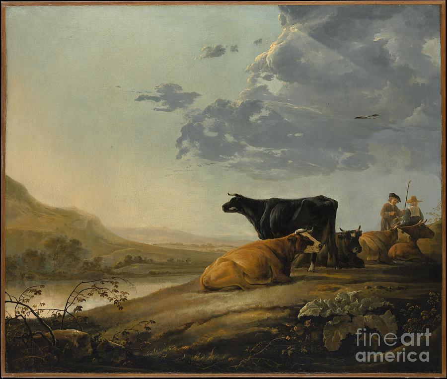 Young Herdsmen with Cows #1 Painting by Celestial Images