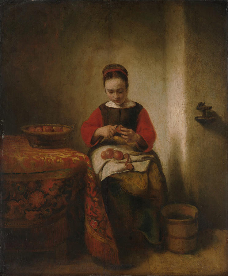 Young Woman Peeling Apples #1 Painting by Nicolaes Maes