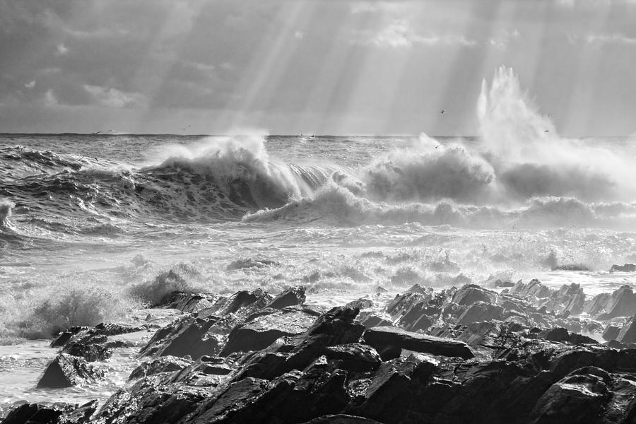 Black and White Large Waves Near Pemaquid Point On The Coast Of  #10 Photograph by Keith Webber Jr