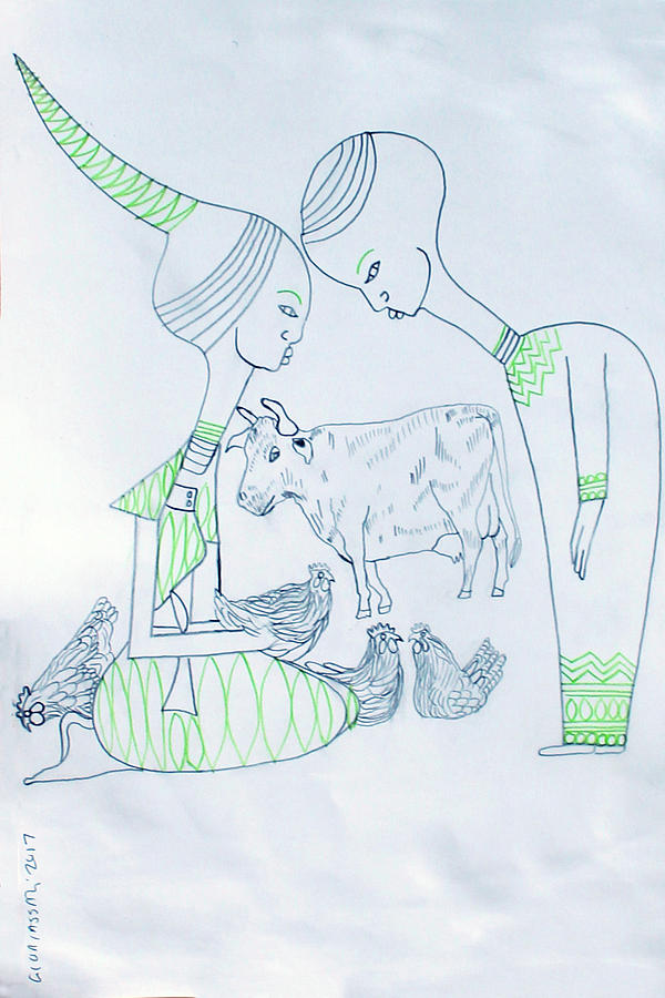 Kintu and Nambi  Folktale #10 Painting by Gloria Ssali