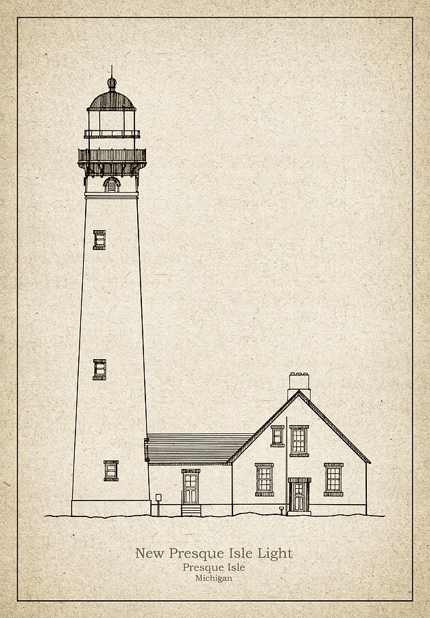 Architecture Drawing - Presque Isle Lighthouse - Michigan - blueprint drawing #10 by SP JE Art