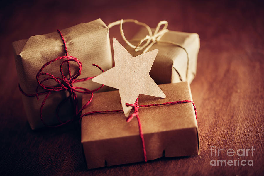 Christmas Photograph - Rustic retro gift, present boxes with tag. Christmas time, eco paper wrap. #10 by Michal Bednarek