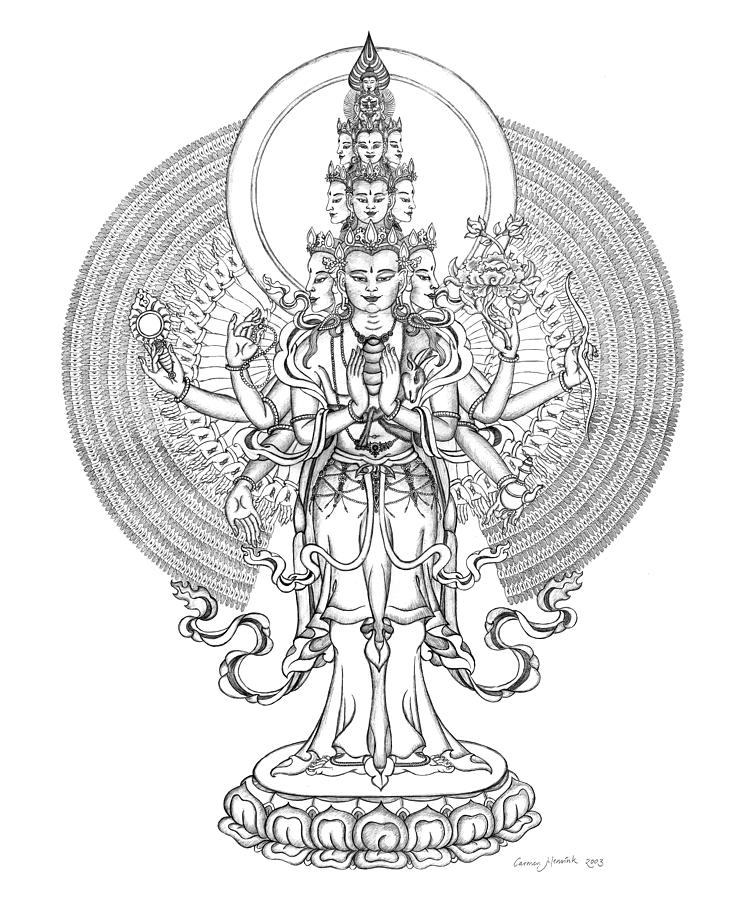 1000-Armed Avalokiteshvara Drawing by Carmen Mensink