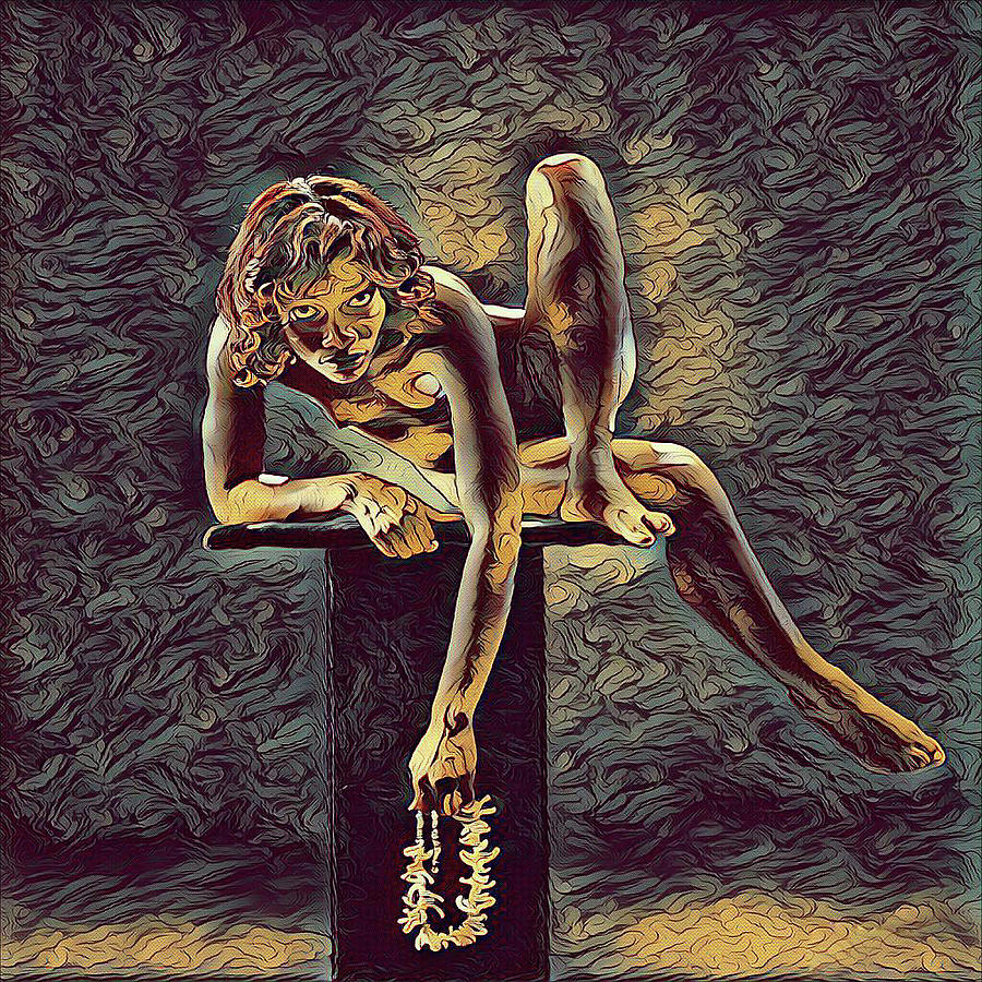 1003s-ZAC Necklace of Bones Held by Beautiful Nude Dancer Digital Art by Chris Maher