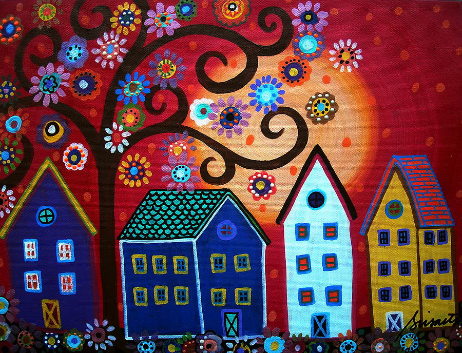 Рисунки красками дома. Наивная живопись домики.