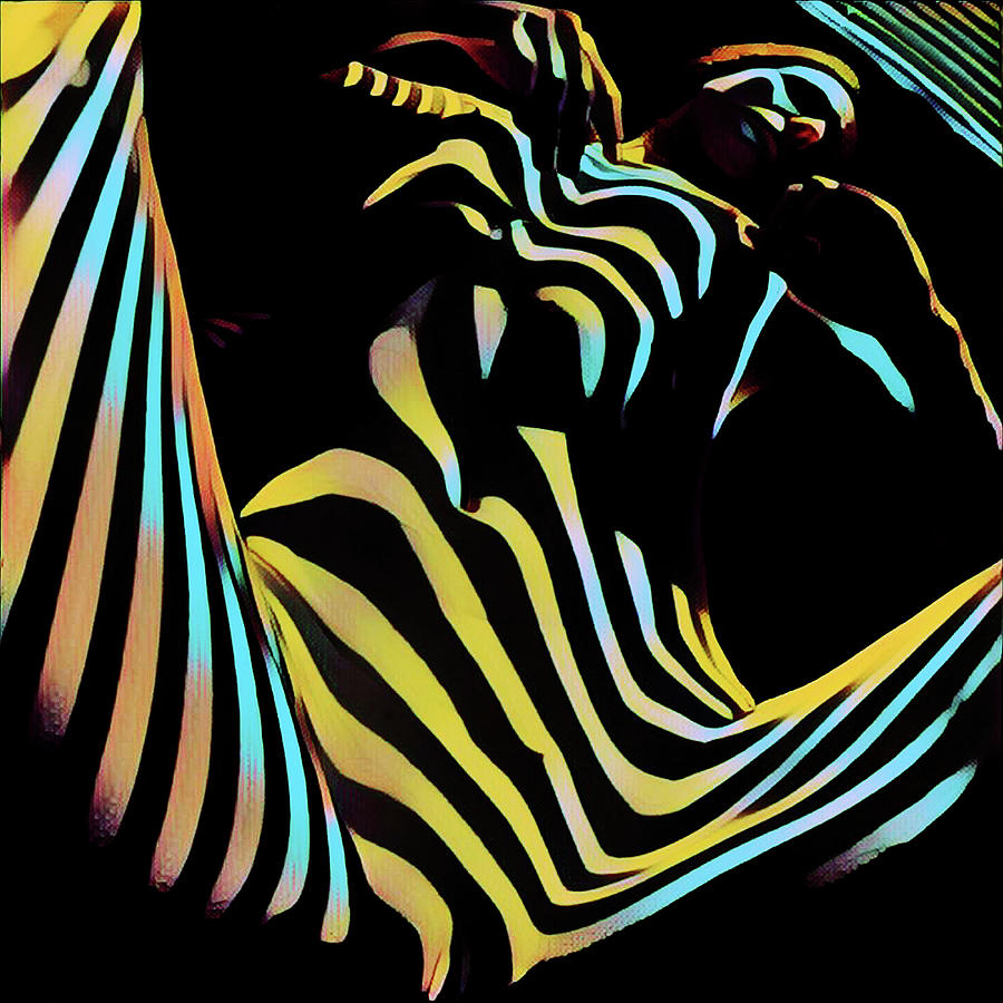 1149s-AK Dramatic Zebra Striped Woman Rendered in Composition Style Digital Art by Chris Maher