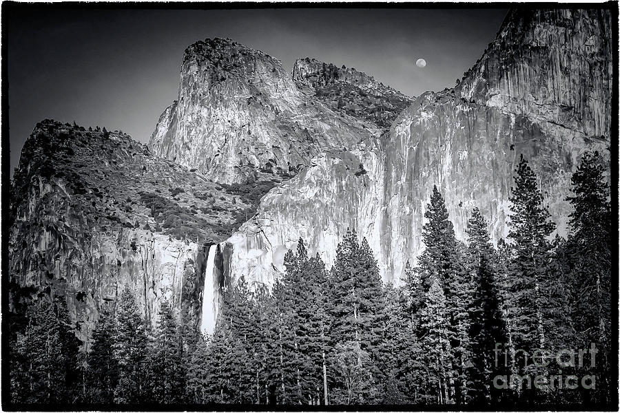 1208 Moon Over Bridalveil Falls Black and White Photograph by Steve Sturgill