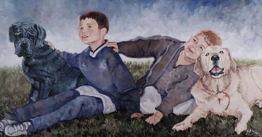 Two Boys with Two Dogs Painting by Gary M Long