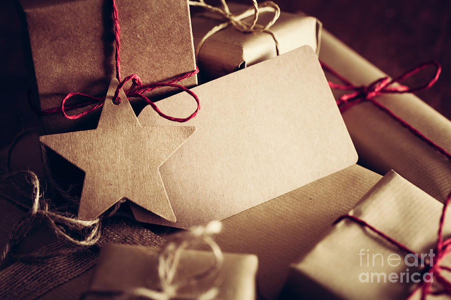 Christmas Photograph - Rustic retro gift, present boxes with tag. Christmas time, eco paper wrap. #13 by Michal Bednarek