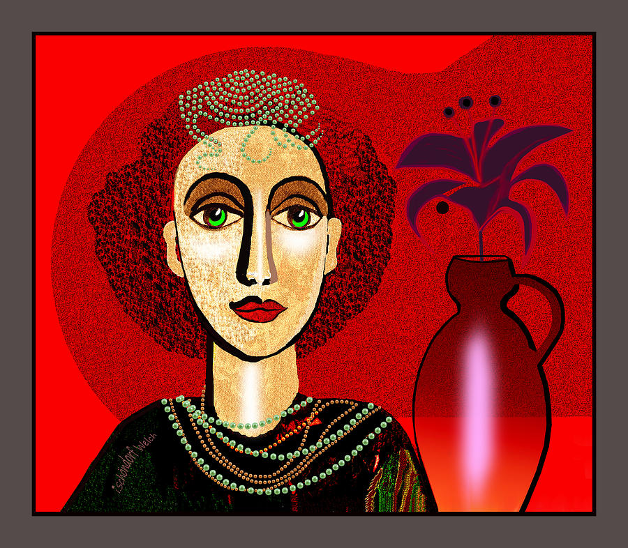 1327 girl with pearl necklet and vase 2017 V Digital Art by Irmgard Schoendorf Welch