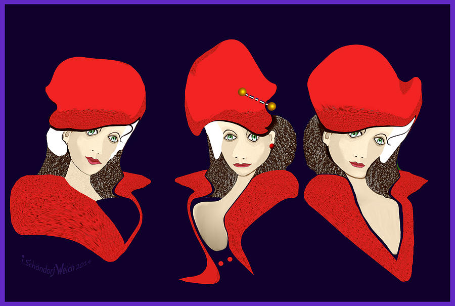 1393 - The Three Graces With Wild Red Hats Digital Art by Irmgard Schoendorf Welch