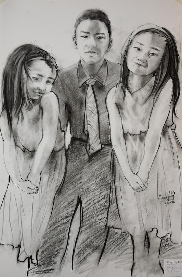 Brother with Two Sisters Drawing by Gary M Long
