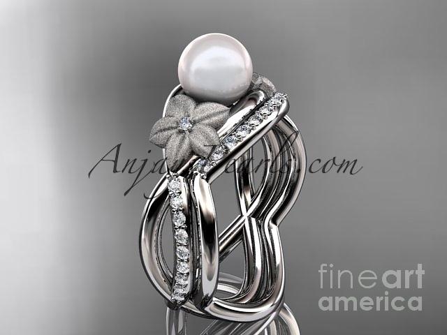 Leaf Engagement Ring Jewelry - 14k white gold diamond pearl vine and leaf engagement set AP90S by AnjaysDesigns com