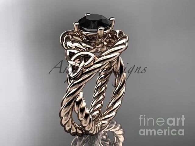 Leaf Engagement Ring Jewelry - 14kt rose gold celtic trinity twisted rope wedding ring with a Black Diamond center stone RPCT9320 by AnjaysDesigns com