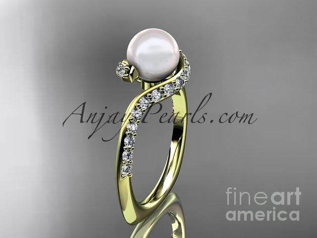 Leaf Engagement Ring Jewelry - 14kt yellow gold diamond pearl engagement ring AP277 by AnjaysDesigns com