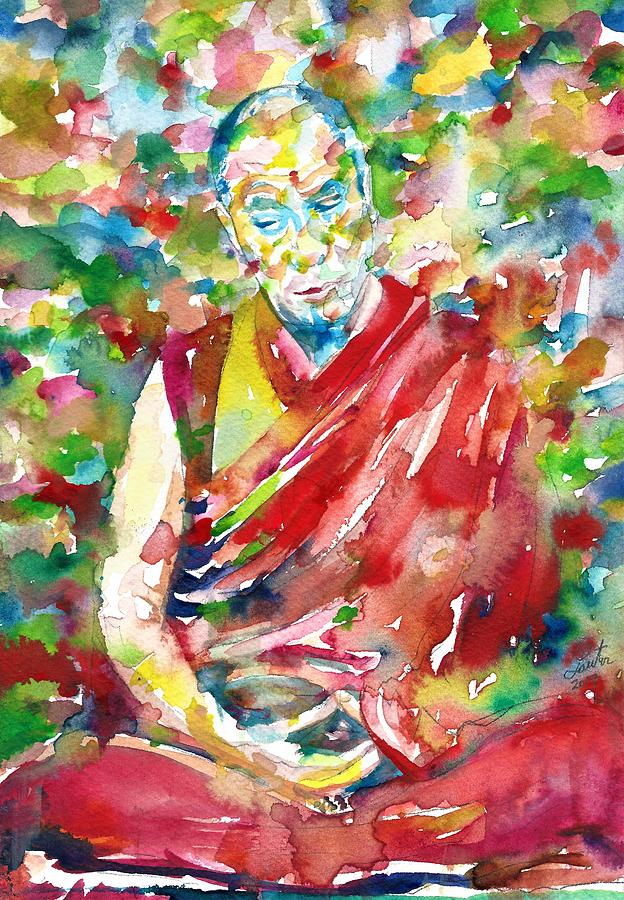 Buddha Painting - 14th DALAI LAMA - TENZIN GYATSO - watercolor portrait.3 by Fabrizio Cassetta