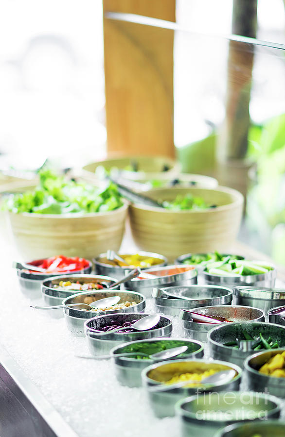 Bowls Of Mixed Fresh Organic Vegetables In Salad Bar Display Zip