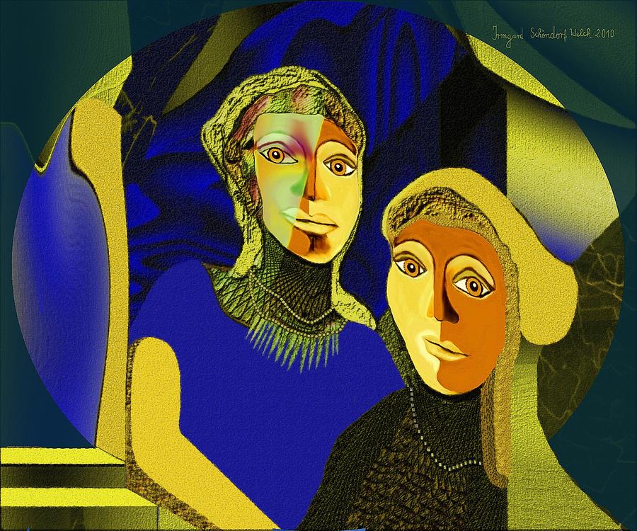 150 - Blue golden ladies Painting by Irmgard Schoendorf Welch