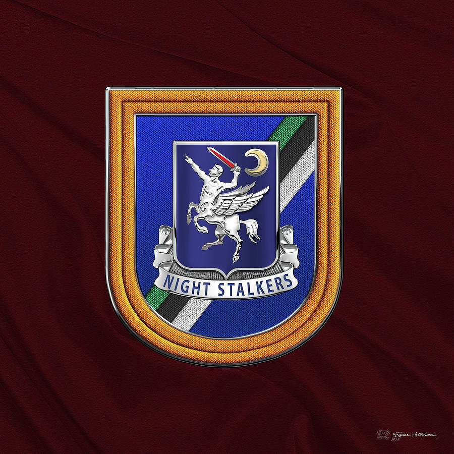 160th Special Operations Aviation Regiment  - 160th S O A R  Crest over Beret Flash on Maroon Digital Art by Serge Averbukh