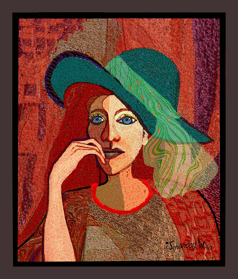 1637 Lady with green hat and scarf Digital Art by Irmgard Schoendorf Welch