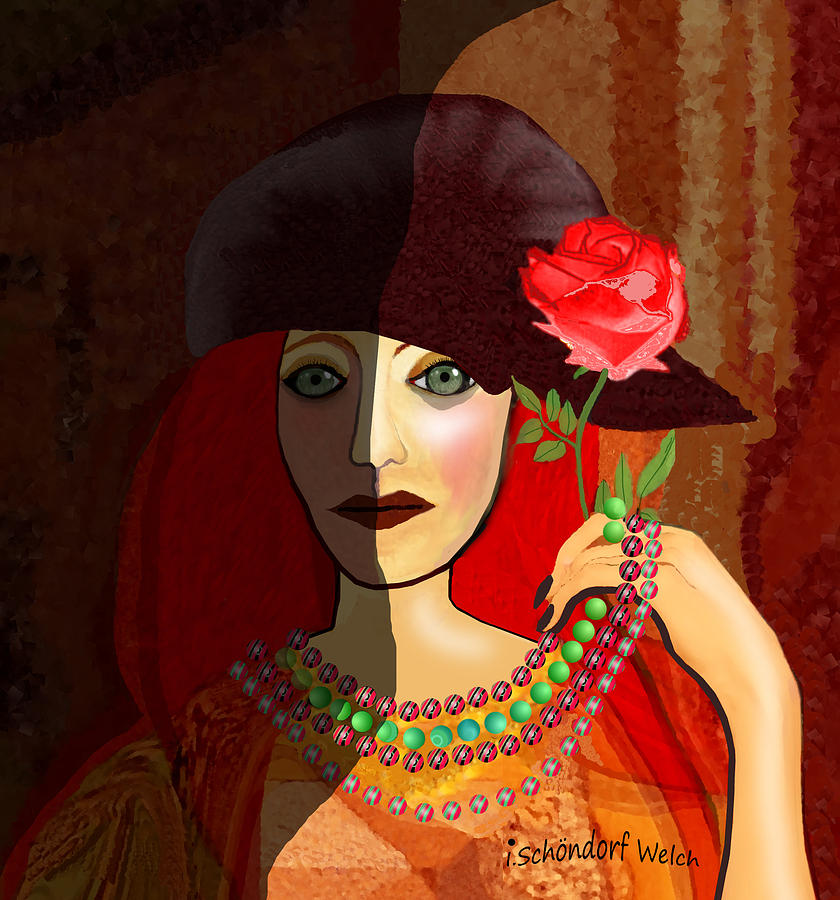 1641 - Lady with green Pearls and Rose 2017 Digital Art by Irmgard Schoendorf Welch