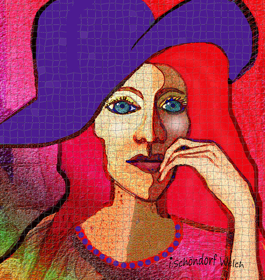 1643 - Lady Red Hair Blue Hat 2017 Digital Art by Irmgard Schoendorf Welch