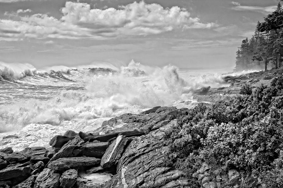 Black and White Large Waves Near Pemaquid Point On The Coast Of  #17 Photograph by Keith Webber Jr