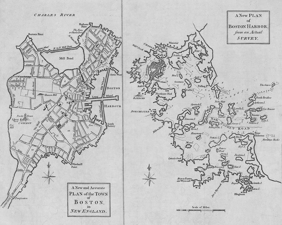 1775 City Planner Map of Boston and Boston Harbor Black and White Digital Art by Toby McGuire