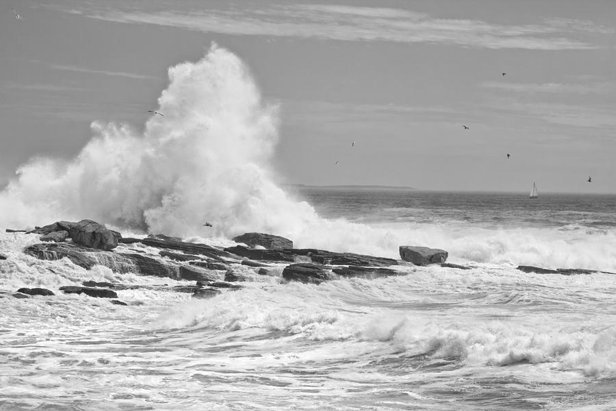 Black and White Large Waves Near Pemaquid Point On The Coast Of  #18 Photograph by Keith Webber Jr